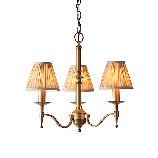 Photo of Stanford 3 lights pendant in antique brass with beige shades