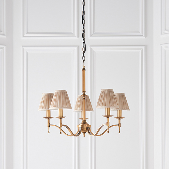 Stanford 5 Lights Pendant In Antique Brass With Beige Shades