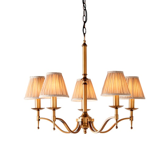 Product photograph of Stanford 5 Lights Pendant In Antique Brass With Beige Shades from Furniture in Fashion