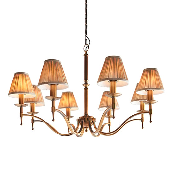 Product photograph of Stanford 8 Lights Pendant In Antique Brass With Beige Shades from Furniture in Fashion