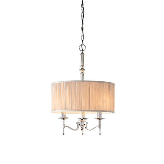 Photo of Stanford round pendant light in nickel with beige shade