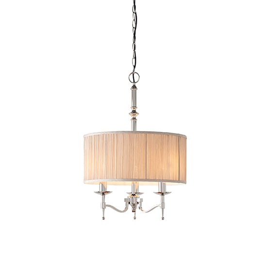 Photo of Stanford round pendant light in nickel with beige shade