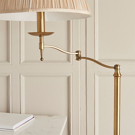 Stanford Swing Arm Floor Lamp In Antique Brass With Beige Shade
