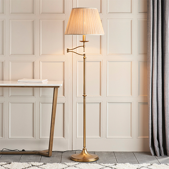Stanford Swing Arm Floor Lamp In Antique Brass With Beige Shade
