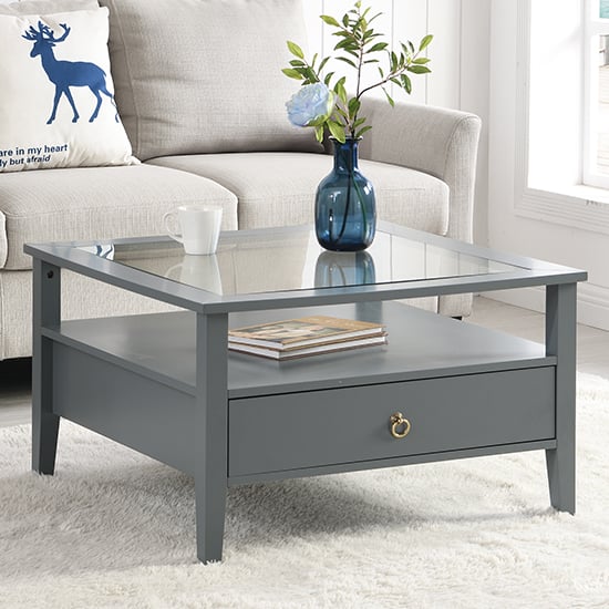 Product photograph of Stanley Square Glass Coffee Table With 2 Drawers In Grey from Furniture in Fashion