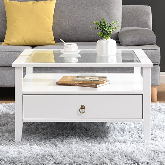 Stanley Square Glass Coffee Table With 2 Drawers In White_2
