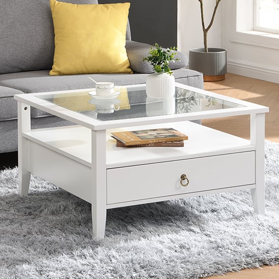 Read more about Stanley square glass coffee table with 2 drawers in white