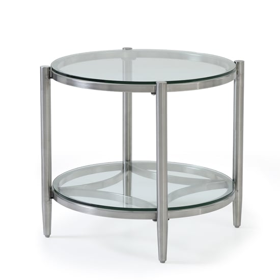 Product photograph of Stanmore Glass Lamp Table With Brushed Stainless Steel Frame from Furniture in Fashion