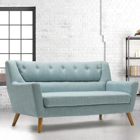 Photo of Stanwell 3 seater sofa in duck egg blue fabric with wooden legs