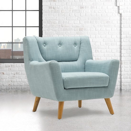 Photo of Stanwell sofa chair in duck egg blue fabric with wooden legs