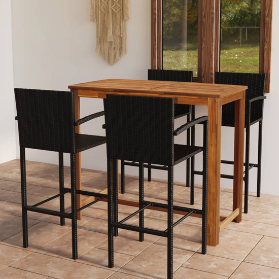 Starla Medium Natural Wooden Bar Table With 4 Black Bar Chairs