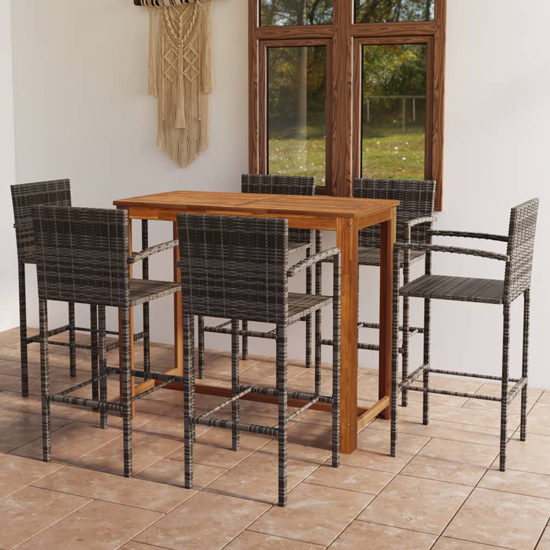 Starla Medium Natural Wooden Bar Table With 6 Grey Bar Chairs