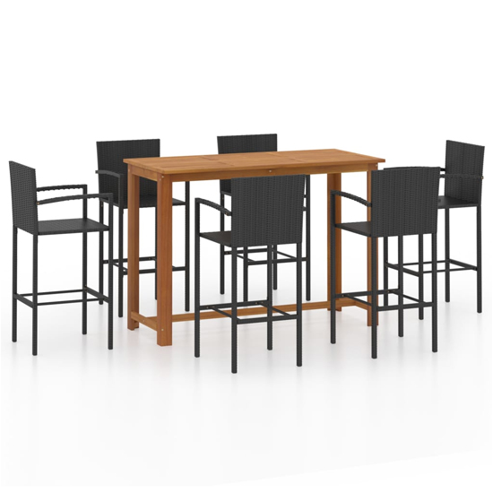 Starla Large Natural Wooden Bar Table With 6 Black Bar Chairs_2