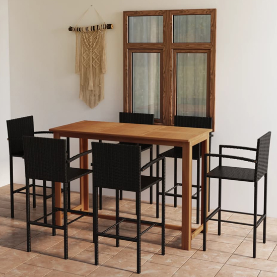Starla Large Natural Wooden Bar Table With 6 Black Bar Chairs