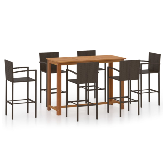 Starla Large Natural Wooden Bar Table With 6 Brown Bar Chairs_2