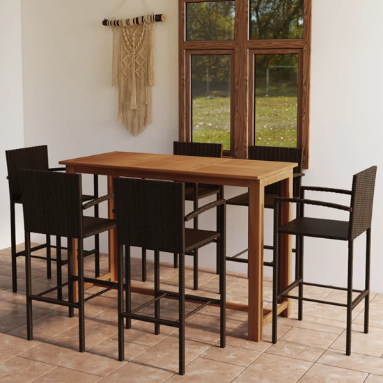 Starla Large Natural Wooden Bar Table With 6 Brown Bar Chairs_1