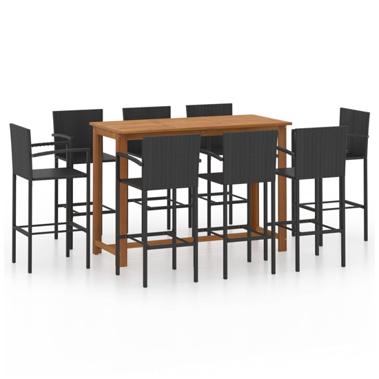 Starla Large Natural Wooden Bar Table With 8 Black Bar Chairs_2