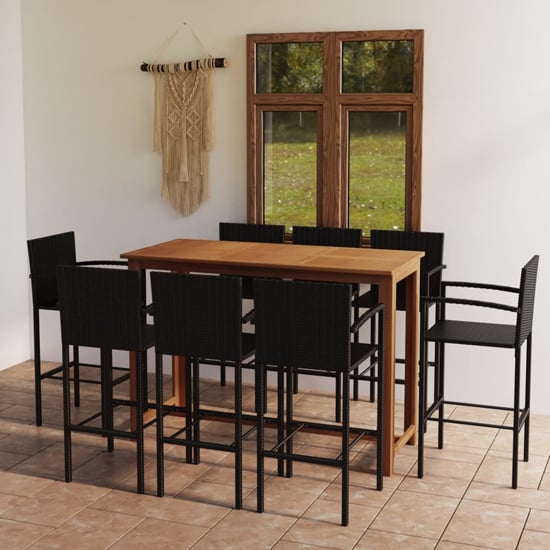 Starla Large Natural Wooden Bar Table With 8 Black Bar Chairs