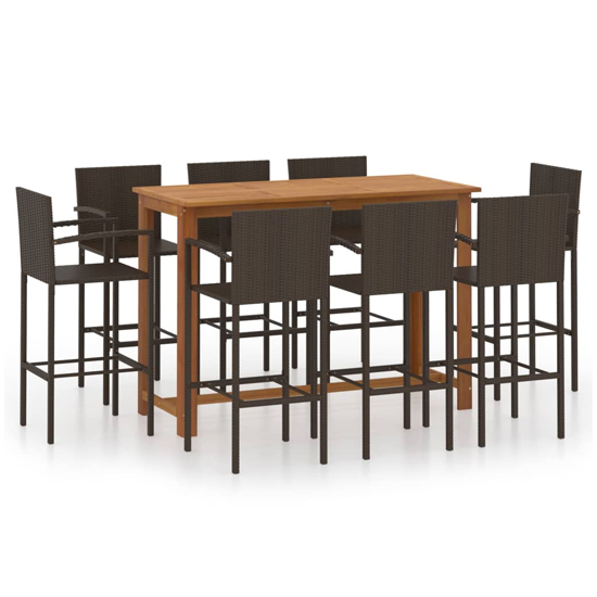Starla Large Natural Wooden Bar Table With 8 Brown Bar Chairs