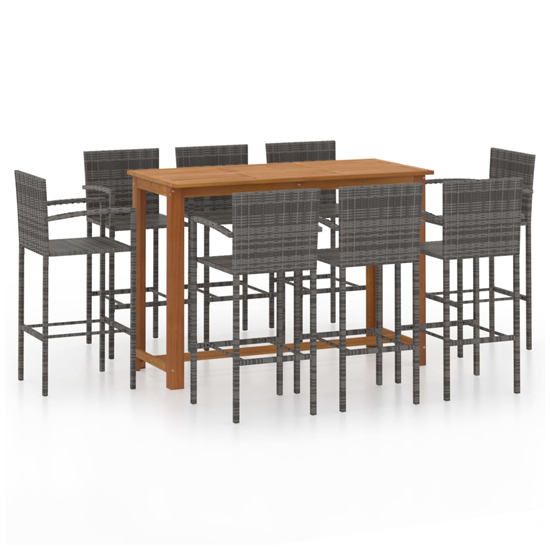 Starla Large Natural Wooden Bar Table With 8 Grey Bar Chairs_2