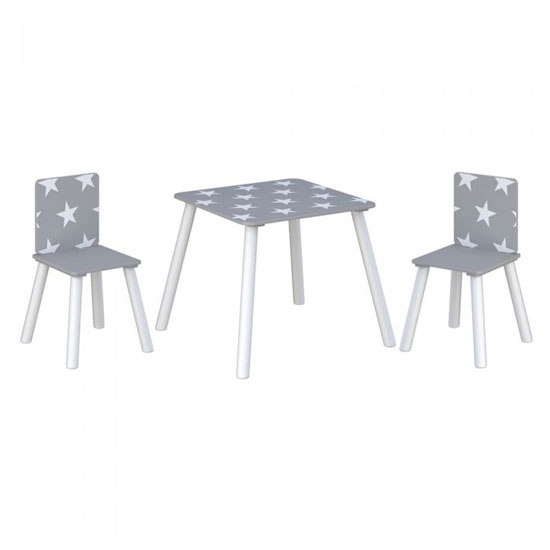 Stars Design Kids Sqaure Table With 2 Chairs In Grey And White_2