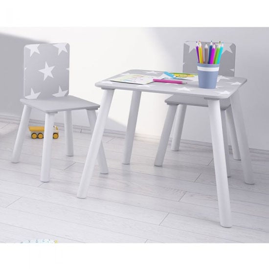 Read more about Stars design kids sqaure table with 2 chairs in grey and white