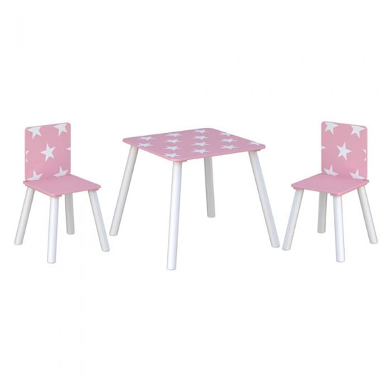 Stars Design Kids Sqaure Table With 2 Chairs In Pink And White_2