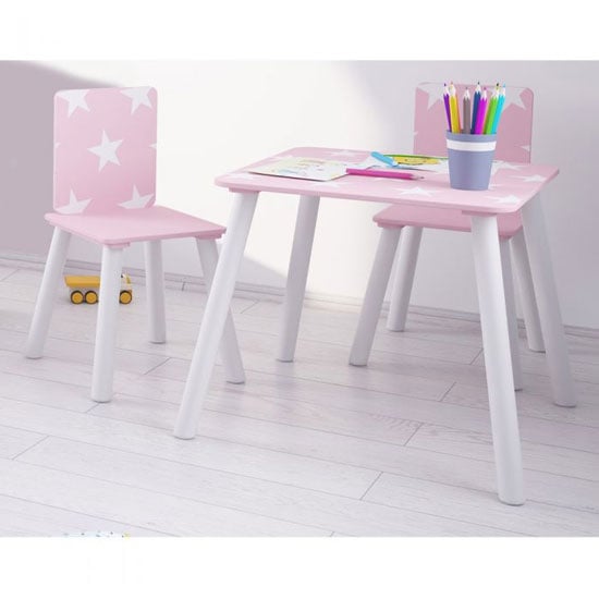 Read more about Stars design kids sqaure table with 2 chairs in pink and white