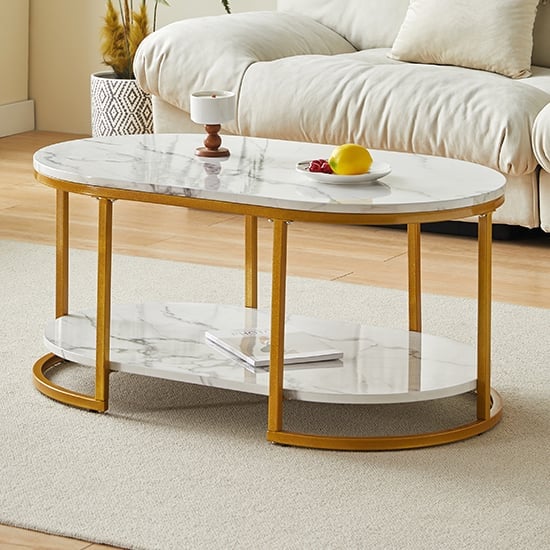 Product photograph of Staten High Gloss Coffee Table In White Diva Marble Effect from Furniture in Fashion