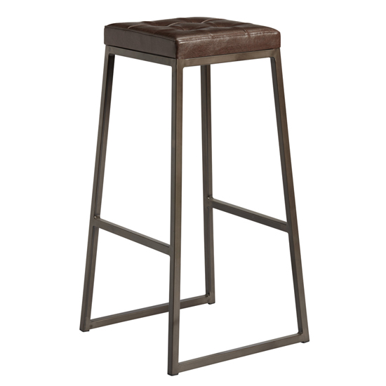 Steeple Raw Metal Frame Brown Faux Leather Bar Stools In Pair
