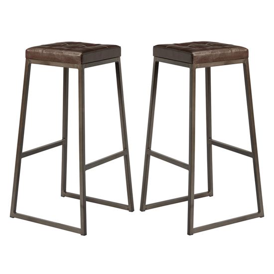 Photo of Steeple raw metal frame brown faux leather bar stools in pair