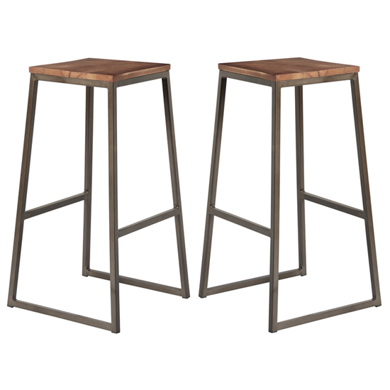 Steeple Raw Metal Frame Wooden Bar Stools In Pair