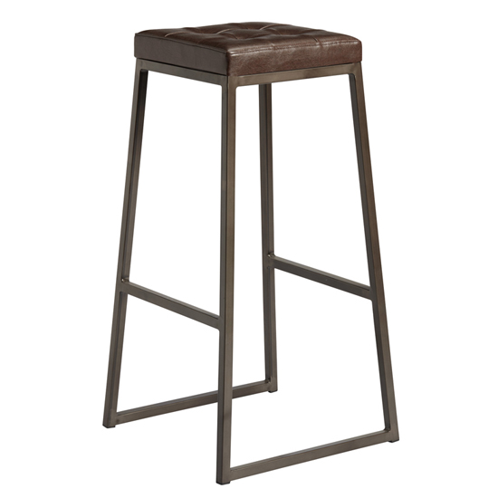 Product photograph of Steeple Vintage Brown Faux Leather Bar Stool In Raw Metal Frame from Furniture in Fashion