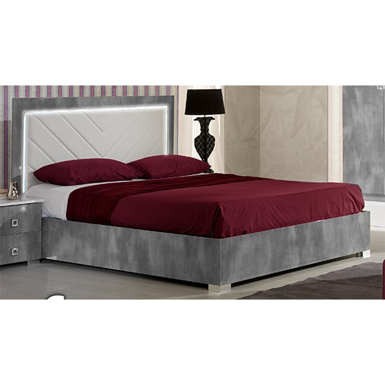 Stella Gloss King Size Bed In White And Concrete Effect With LED