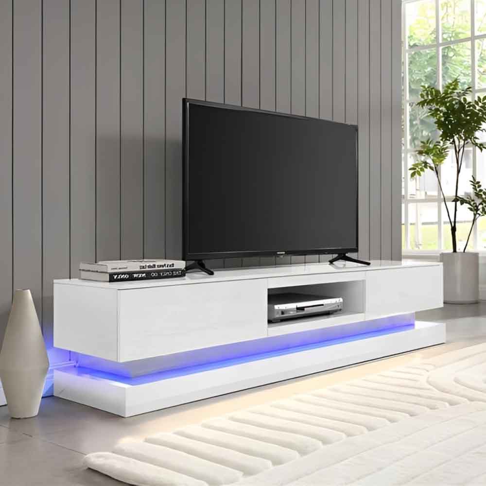 Step High Gloss TV Stand In White With Multi LED Lighting