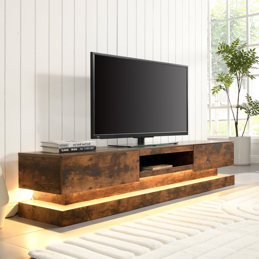 Read more about Step wooden tv stand in rustic oak with led lighting
