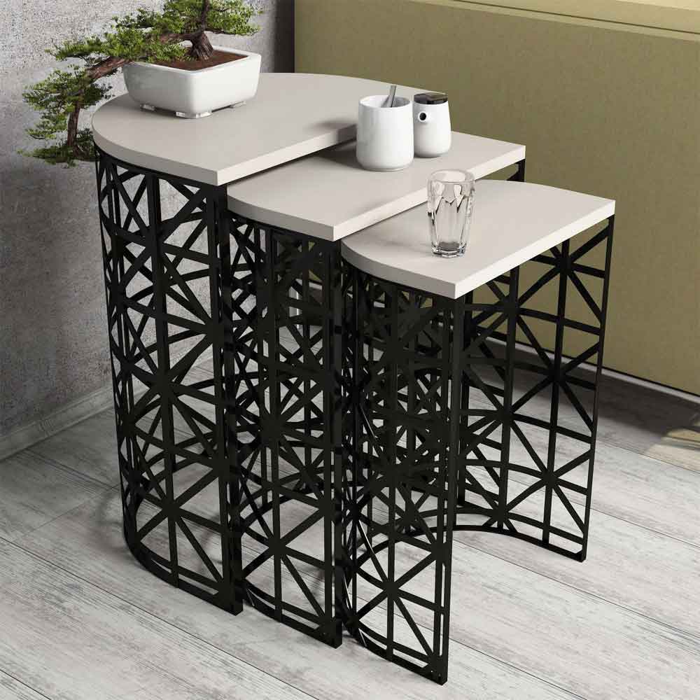 Stil Cream Marble Effect Nesting Side Tables with Black Metal Base