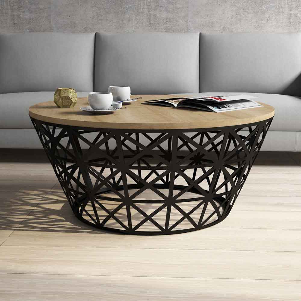 Stil Round Oak Wooden Coffee Table with Black Metal Base