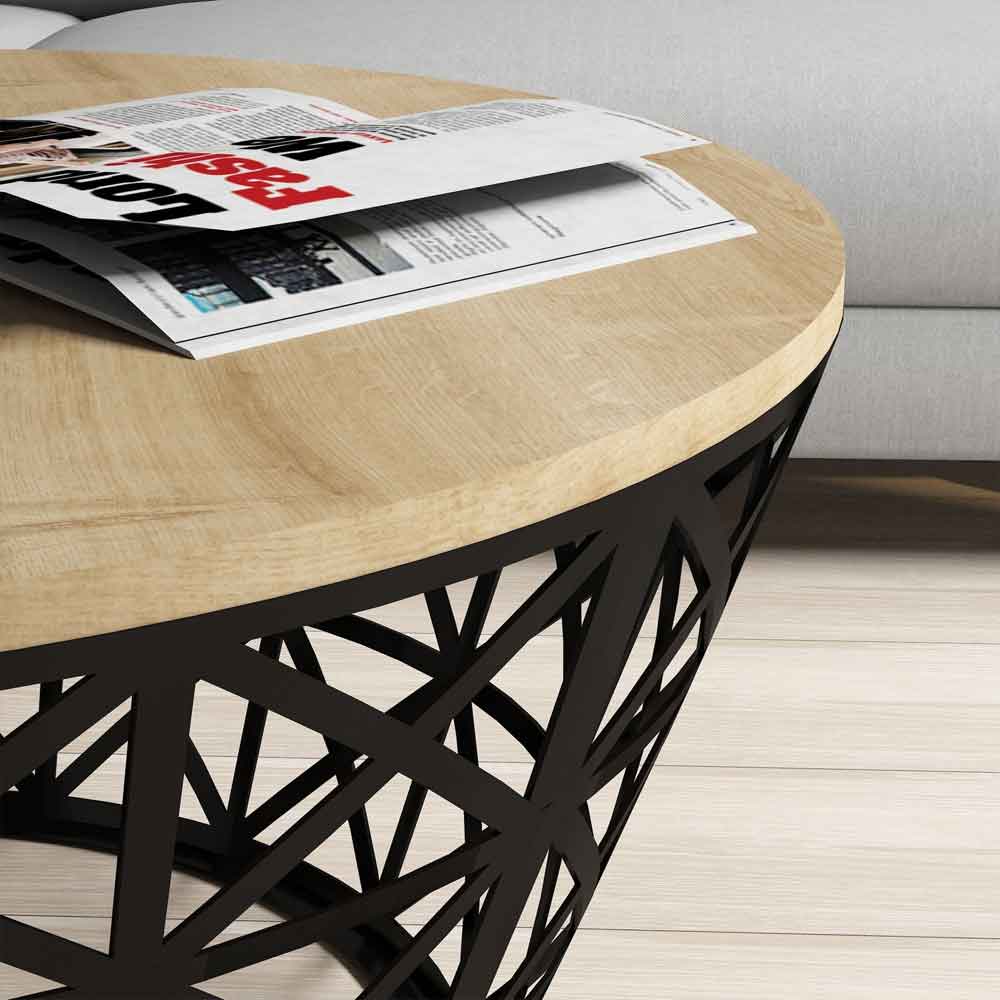 Stil Round Oak Wooden Coffee Table with Black Metal Base
