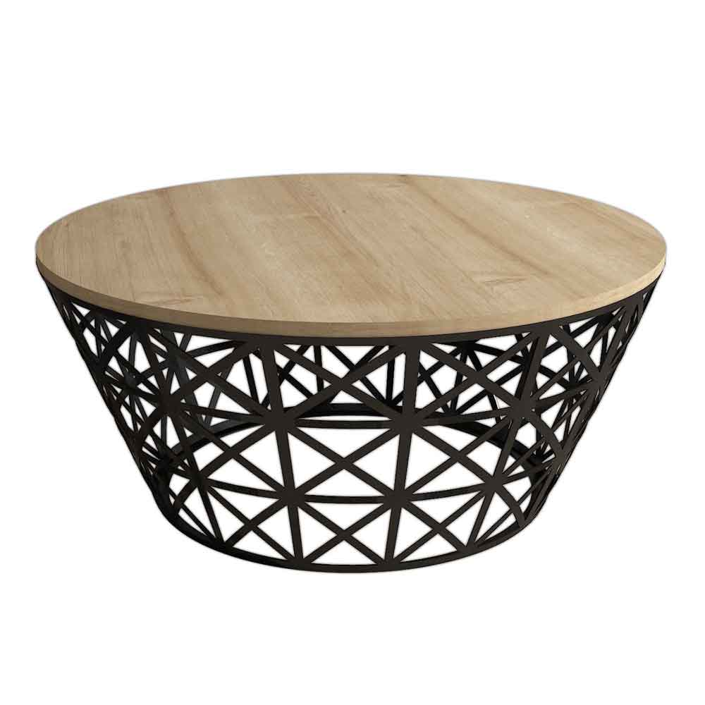 Stil Round Oak Wooden Coffee Table with Black Metal Base
