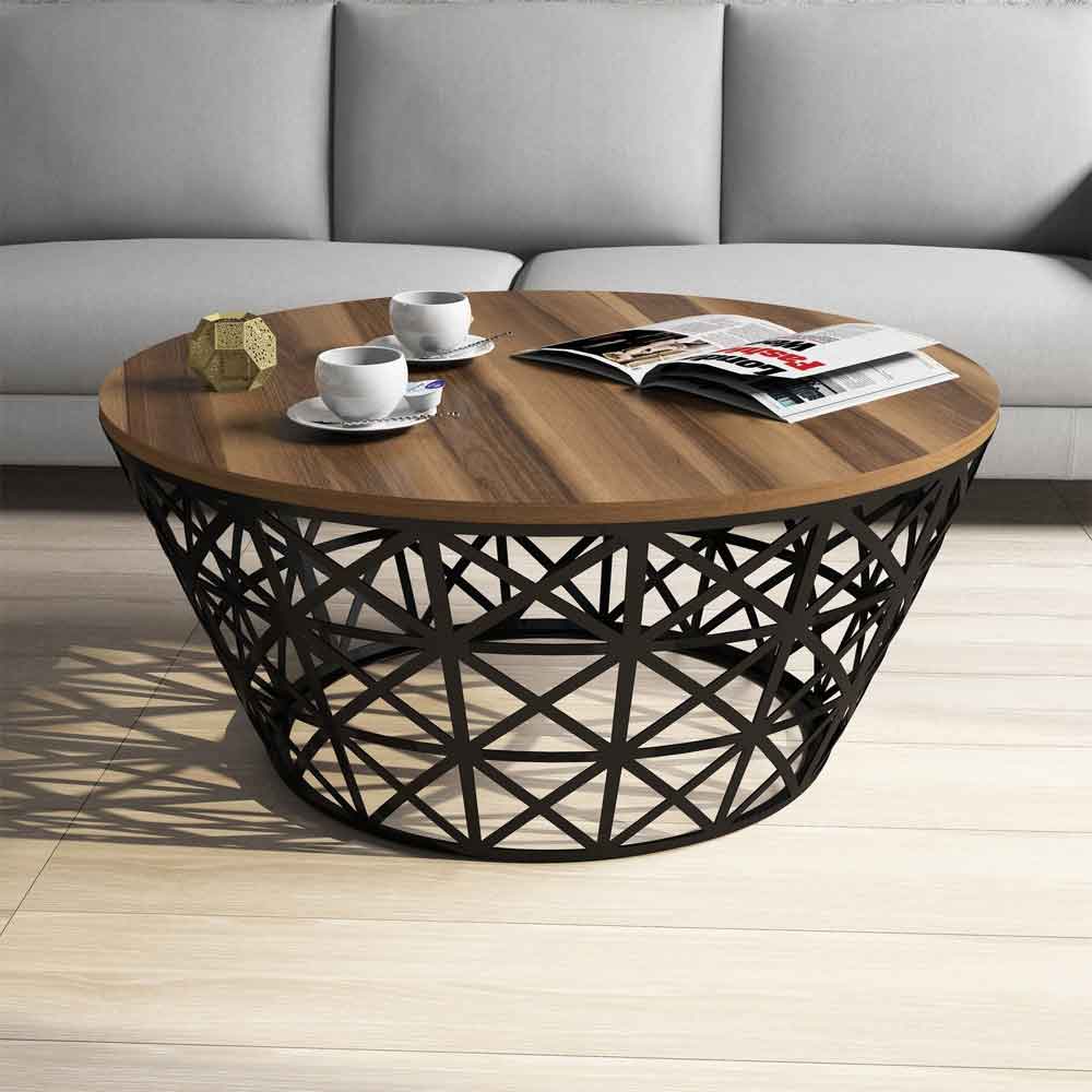 Stil Round Walnut Wooden Coffee Table with Black Metal Base