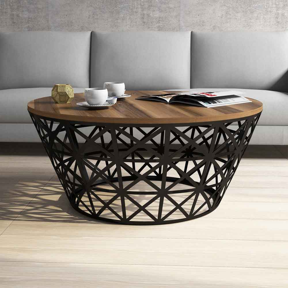 Stil Round Walnut Wooden Coffee Table with Black Metal Base