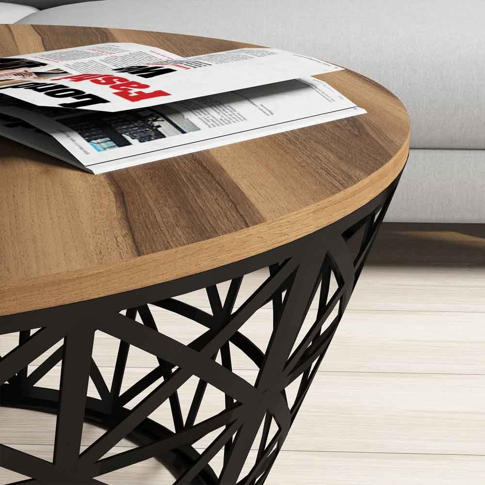 Stil Round Walnut Wooden Coffee Table with Black Metal Base