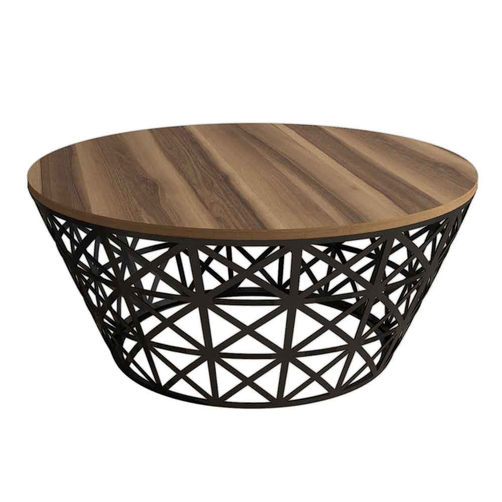 Stil Round Walnut Wooden Coffee Table with Black Metal Base