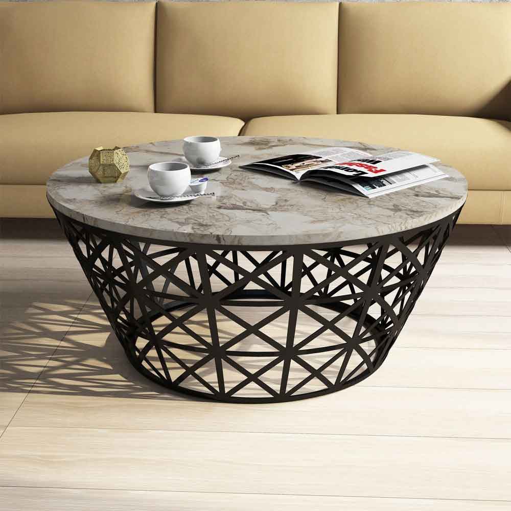 Stil Round White Marble Effect Coffee Table with Black Metal Base