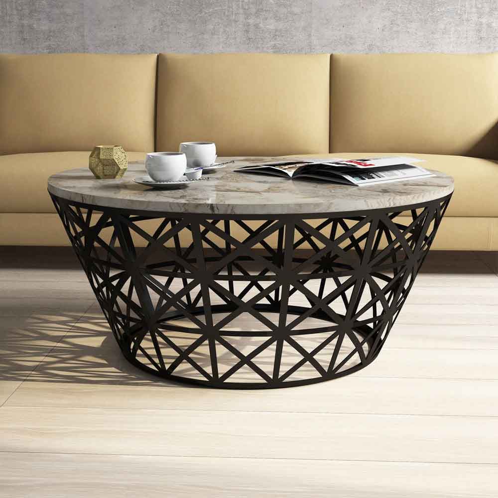Stil Round White Marble Effect Coffee Table with Black Metal Base