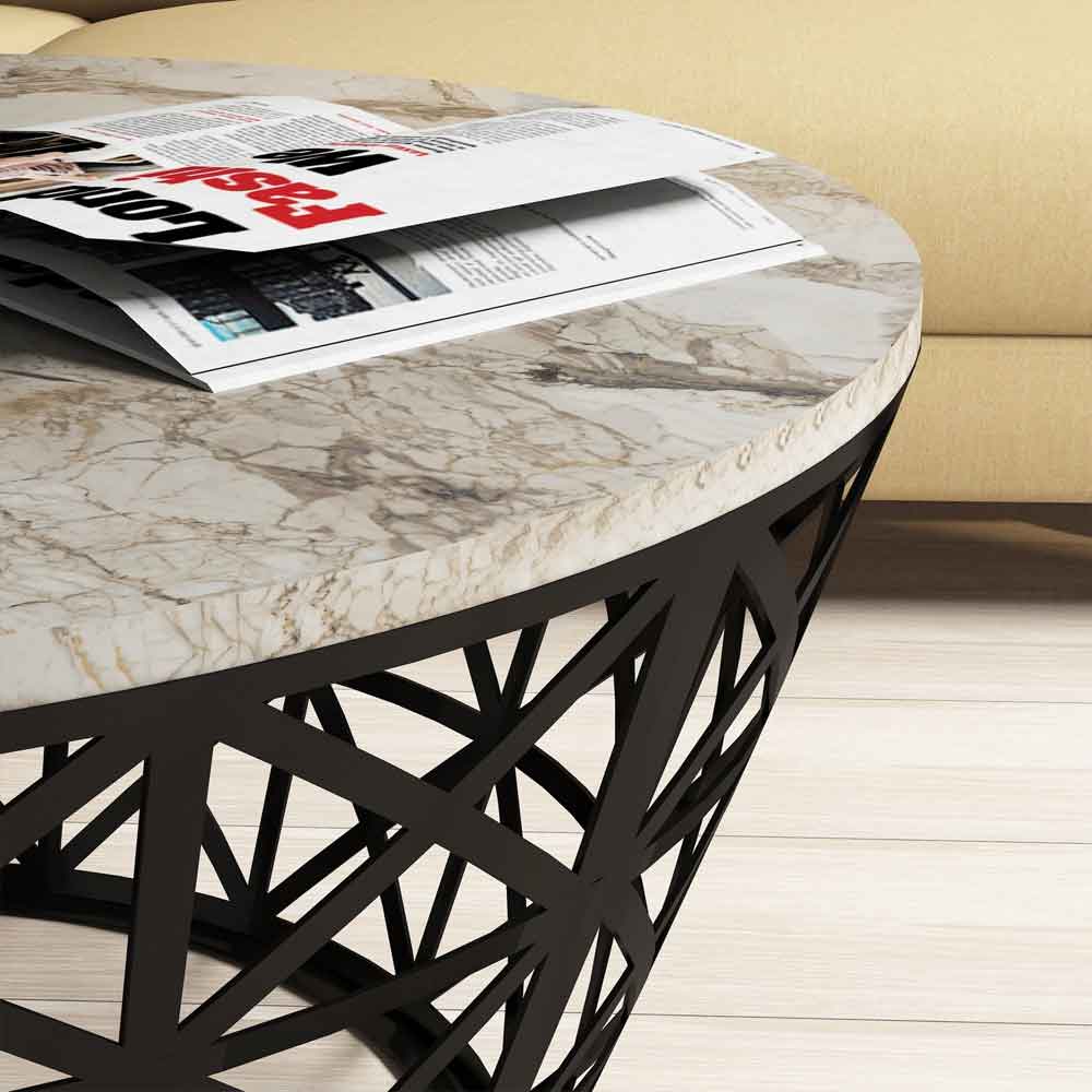 Stil Round White Marble Effect Coffee Table with Black Metal Base