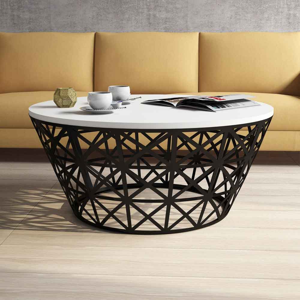 Stil Round White Wooden Coffee Table with Black Metal Base