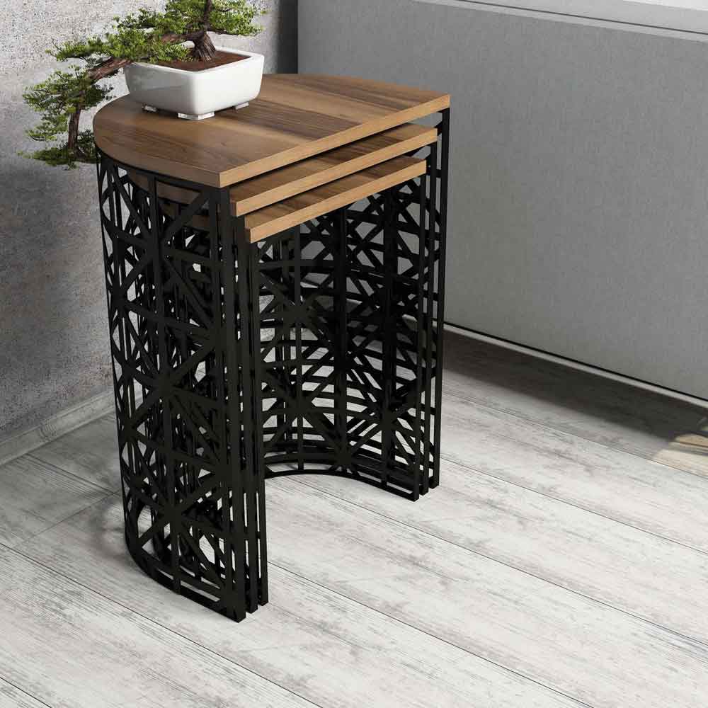Stil Walnut Wooden Nesting Side Tables with Black Metal Base