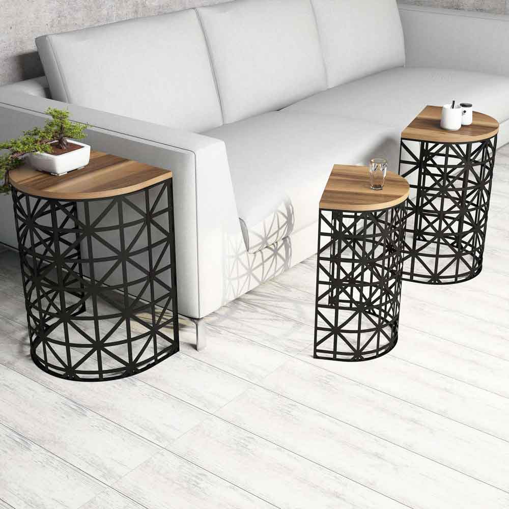 Stil Walnut Wooden Nesting Side Tables with Black Metal Base